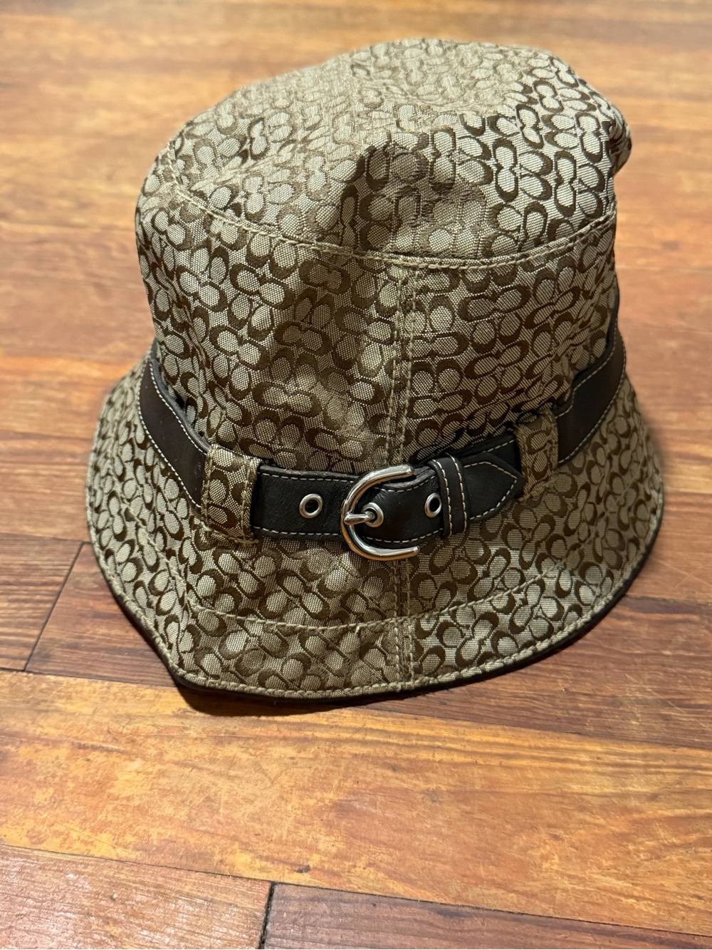 Coach Brown Signature Monogram Bucket Hat with Leather Belt Accent